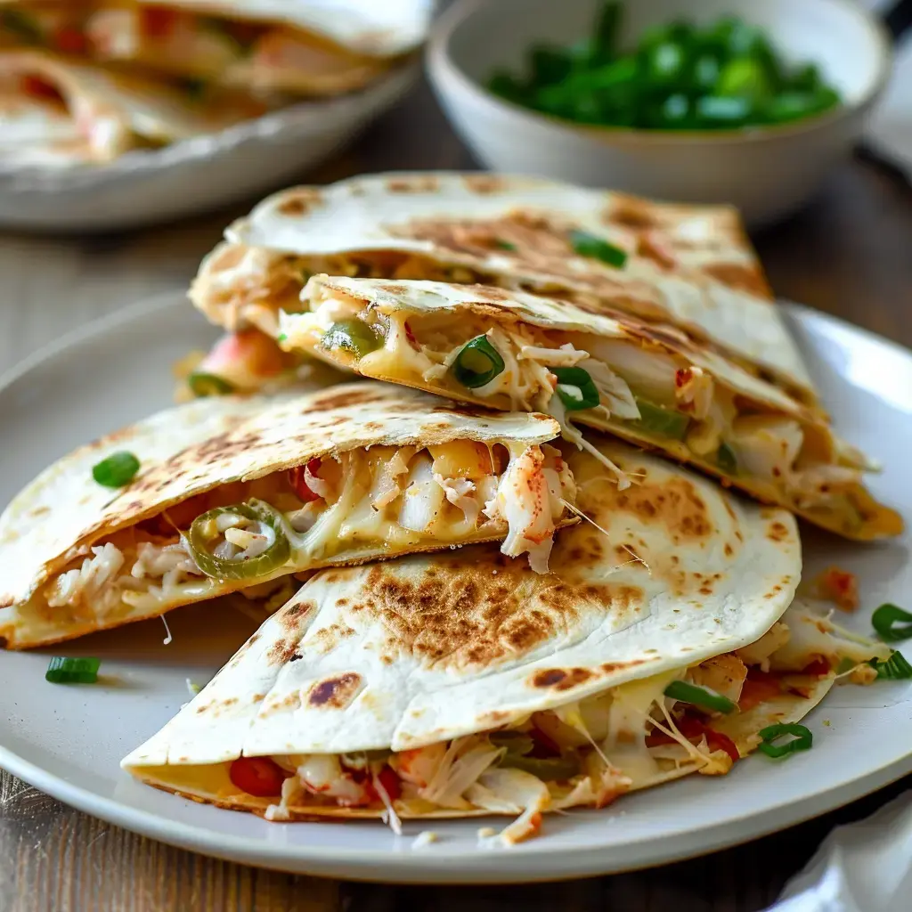 Des wraps croustillants garnis de crabe et fromage, joliment présentés avec une sauce d'accompagnement en arrière-plan.