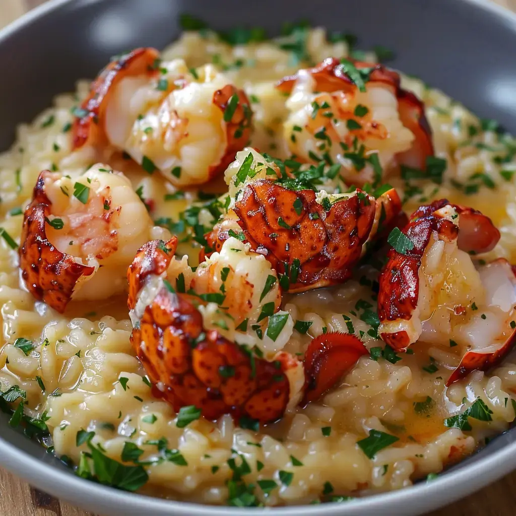 Bol de risotto crémeux avec homard et touche de persil frais.