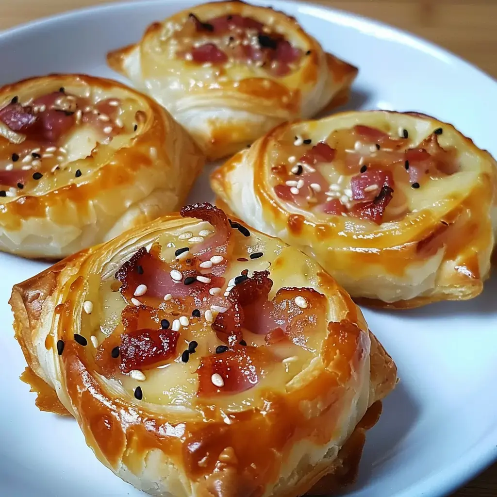 Quatre bouchées feuilletées croustillantes avec fromage et jambon, saupoudrées de sésame, sur une assiette blanche.