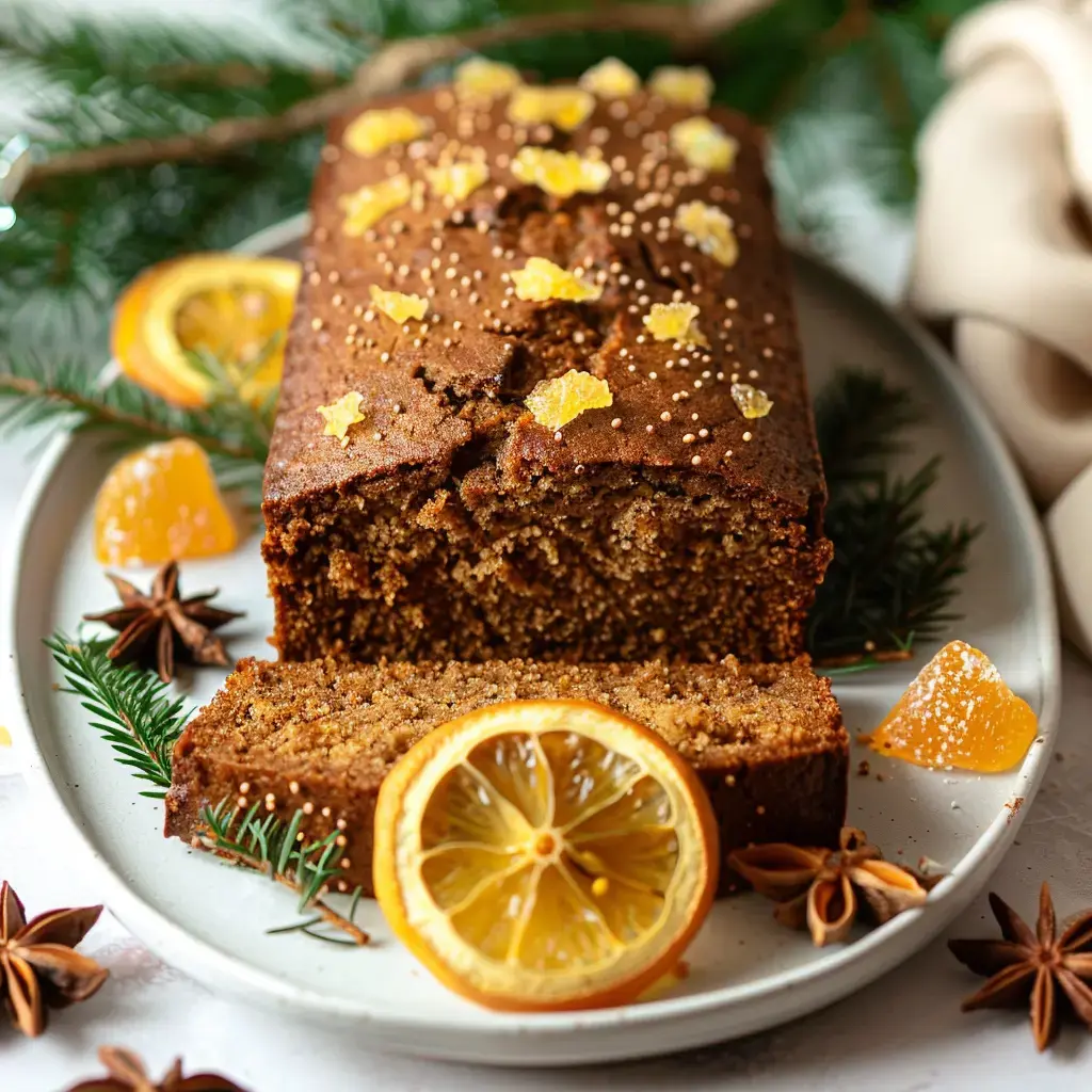 Un gâteau épicé décoré d’orange et de sucre, accompagné de morceaux d’orange et de badiane.