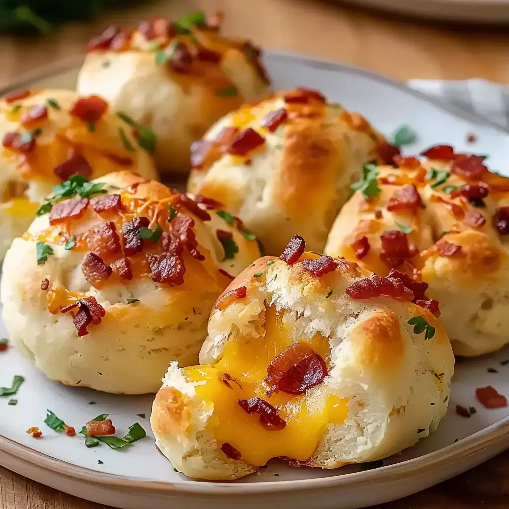 Bouchées croustillantes au fromage fondu et bacon, parsemées de persil, servies sur une assiette.