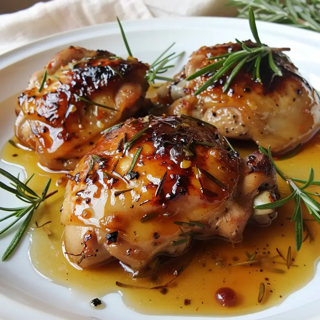 Cuisses de poulet croustillantes baignées dans une sauce herbes et miel.