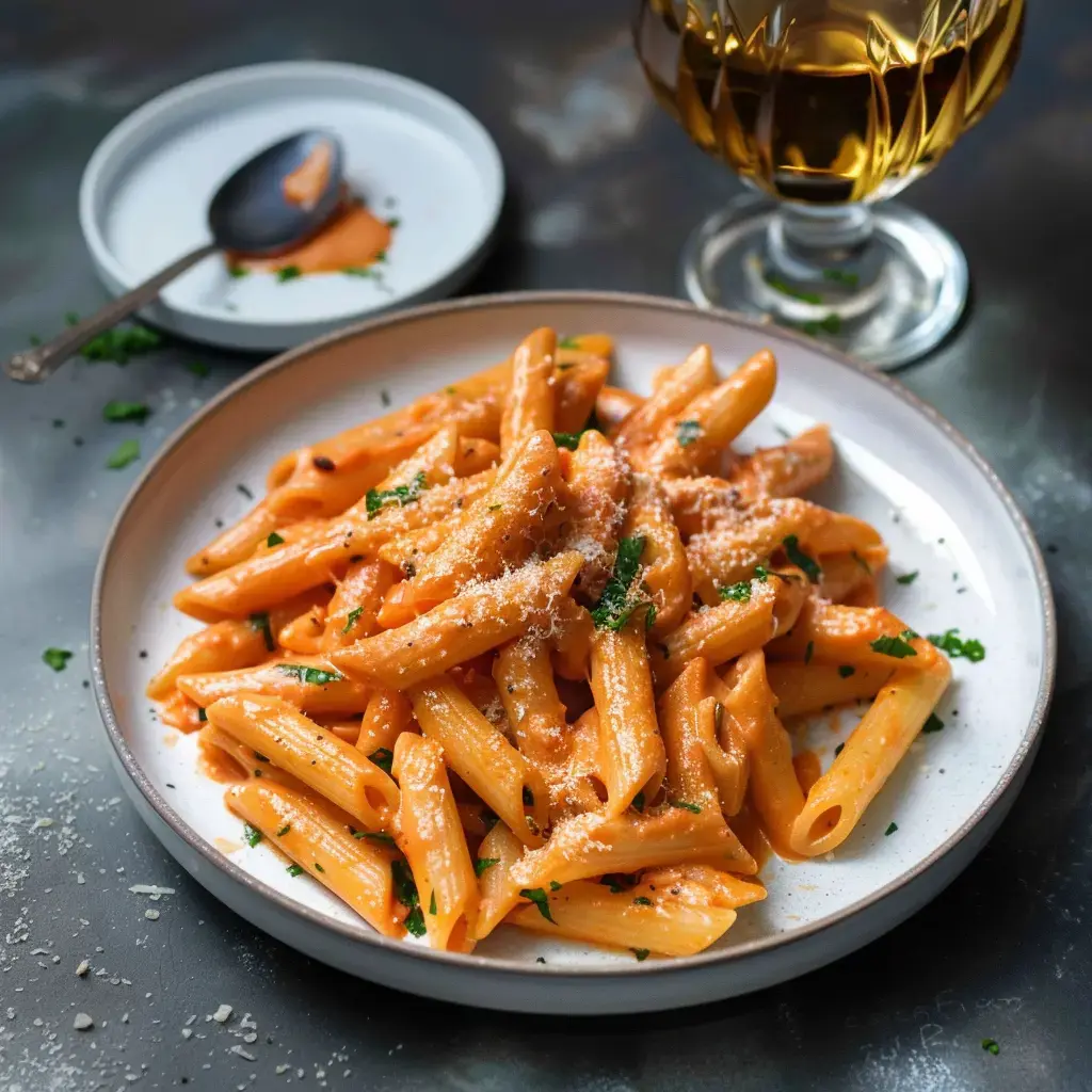 Pâtes penne dans une sauce tomate crémeuse, garnies de fromage et persil, accompagnées d'un verre.