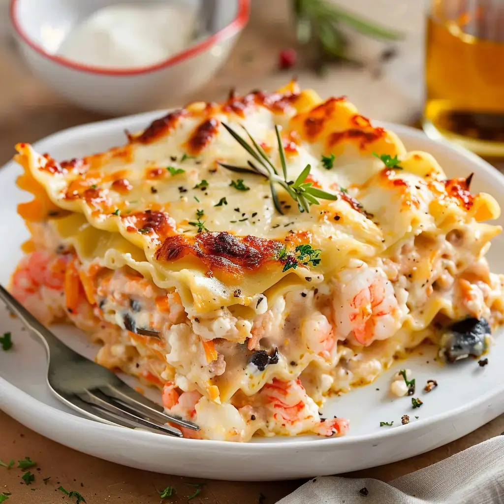Une part de lasagnes garnie de fruits de mer avec une croûte dorée et des herbes fraîches.