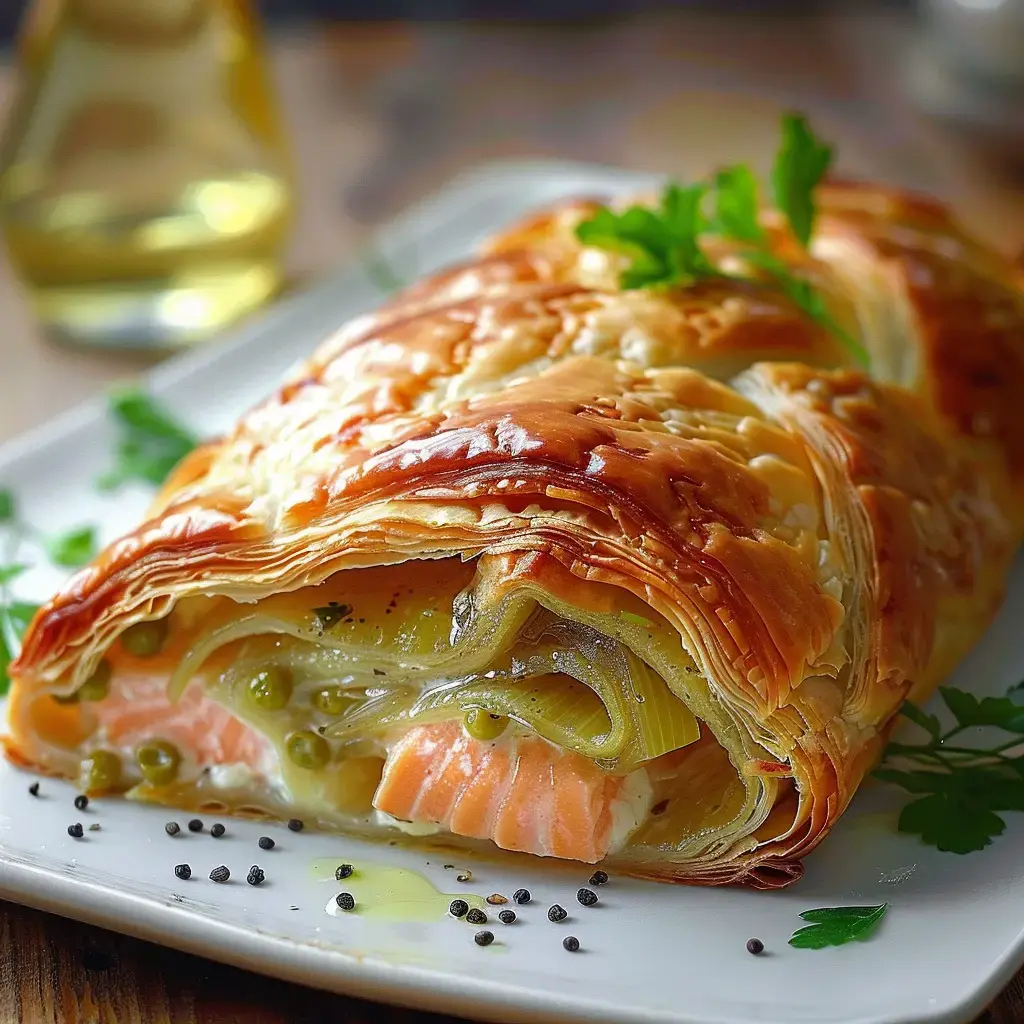 Une pâte feuilletée dorée, pleine de saumon et poireaux, avec une touche d’huile d’olive pour rehausser le goût.