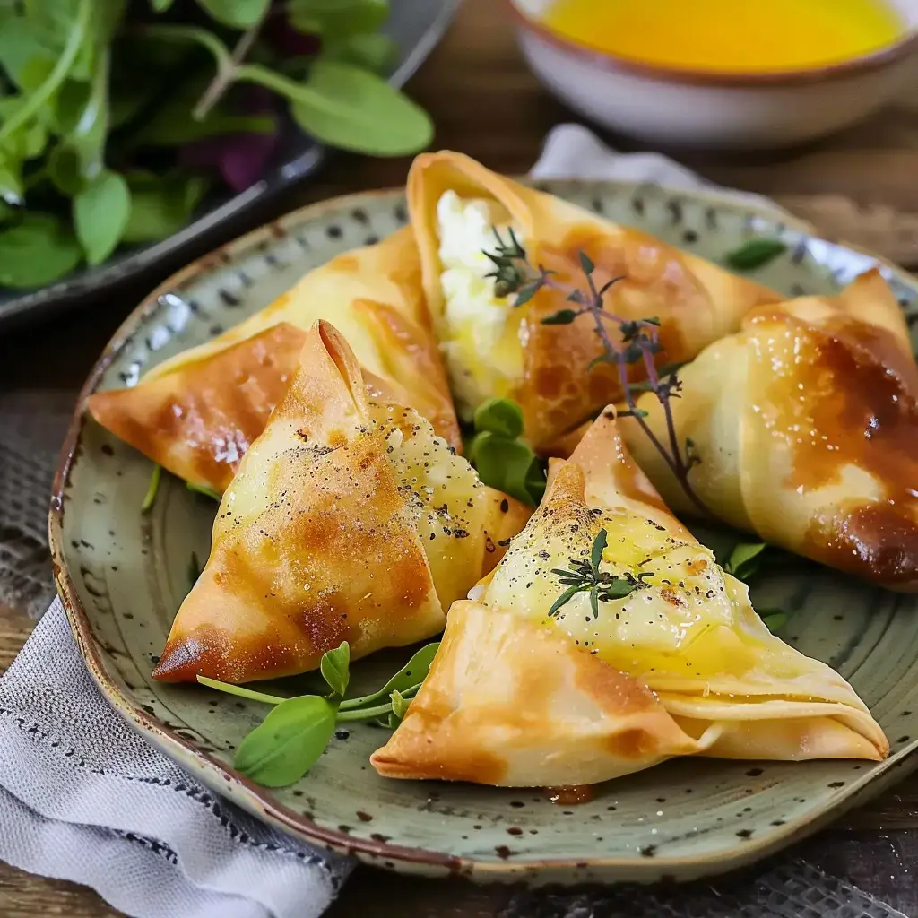 Petits triangles dorés, croquants et farcis au chèvre fondant, servis avec quelques jeunes pousses.