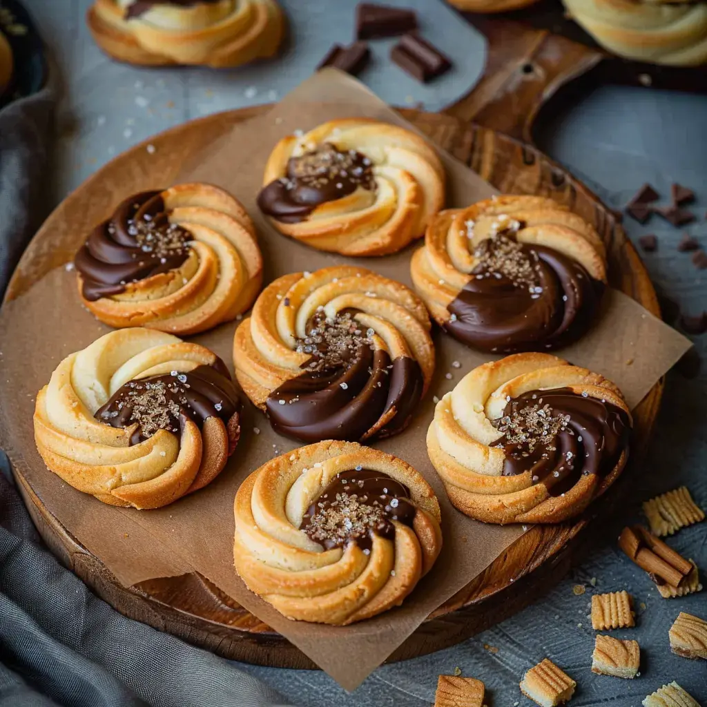 Rosaces trempées dans le chocolat noir, parsemées de cristaux de sucre, présentées sur une planche.