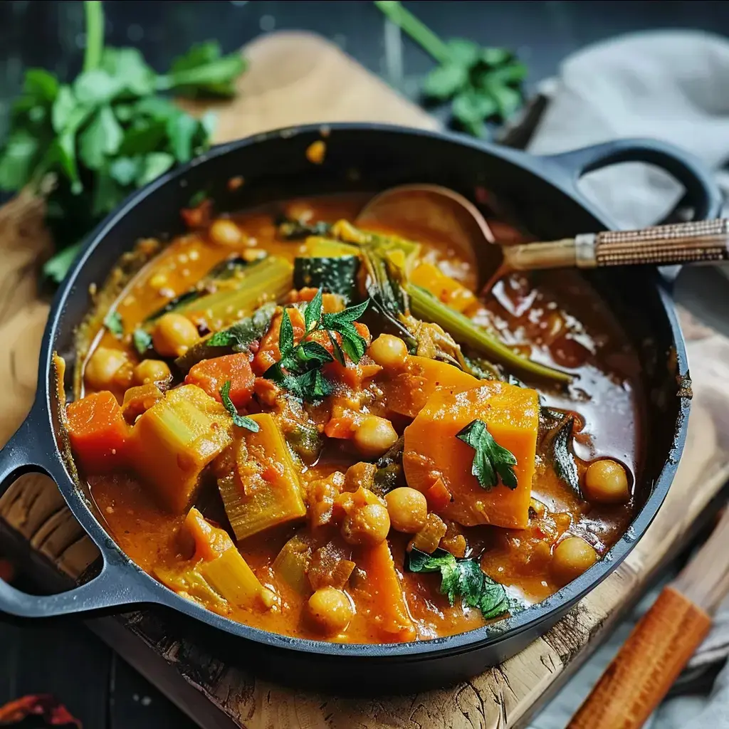 Un mélange de légumes fondants avec des épices servi dans une casserole en fonte, décoré de persil frais.