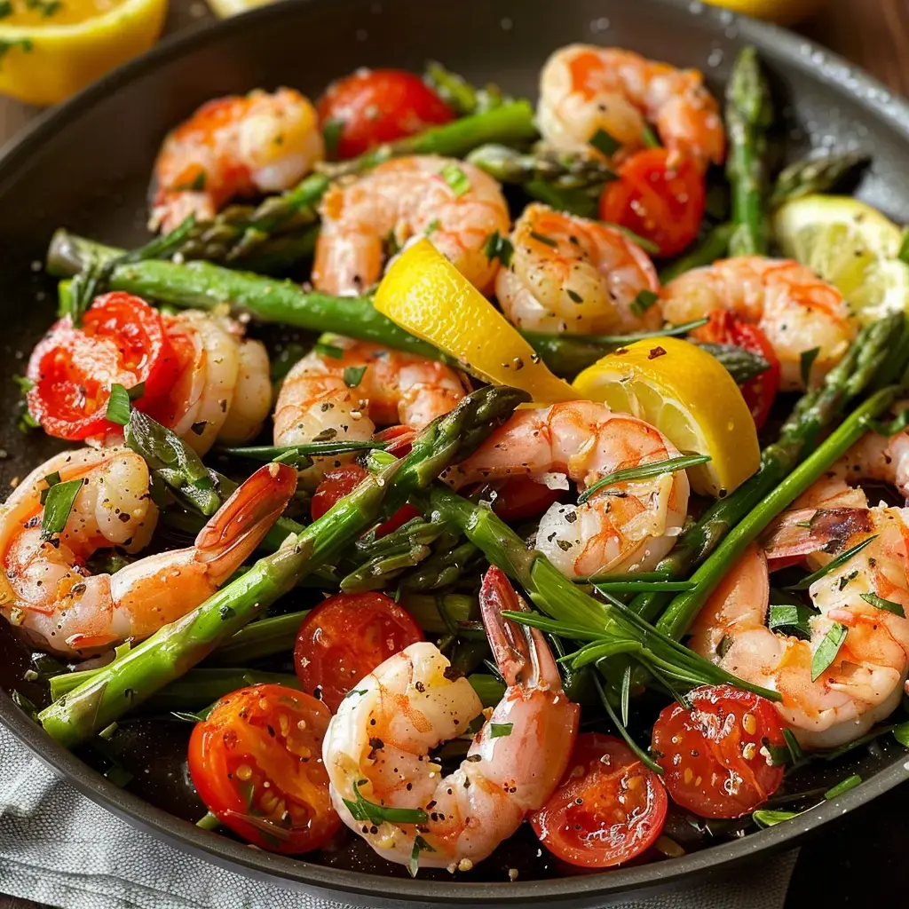 Poêle remplie de crevettes sautées, asperges, tomates cerises et rondelles de citron.