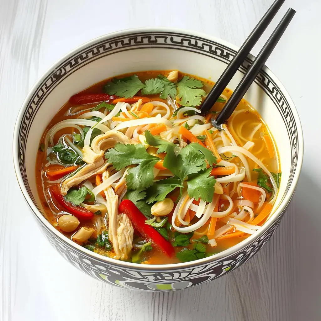 Un bol de nouilles thaï avec poulet, légumes colorés et coriandre fraîche.