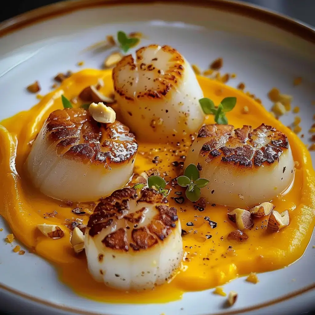 Saint-Jacques poêlées sur une crème de courge, avec noisettes et fines herbes.