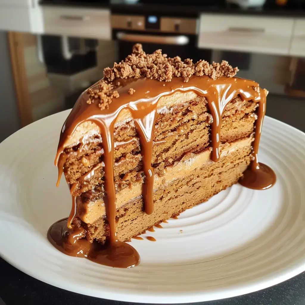 Une tranche de moelleux au café avec un caramel fondant et des éclats gourmands, servie sur une assiette.