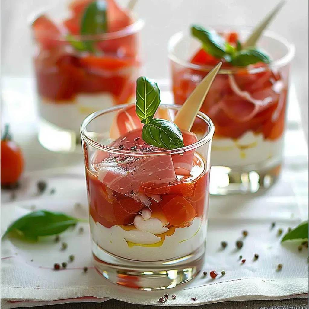 Verres avec tomates, crème et jambon, décorés de basilic.