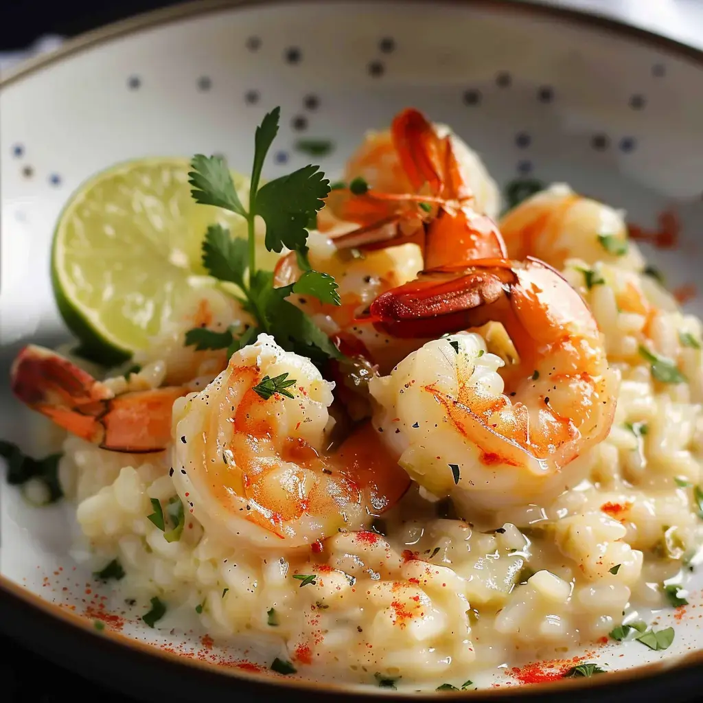 Une assiette de riz crémeux surmonté de crevettes roses, un morceau de citron vert et quelques feuilles de coriandre.