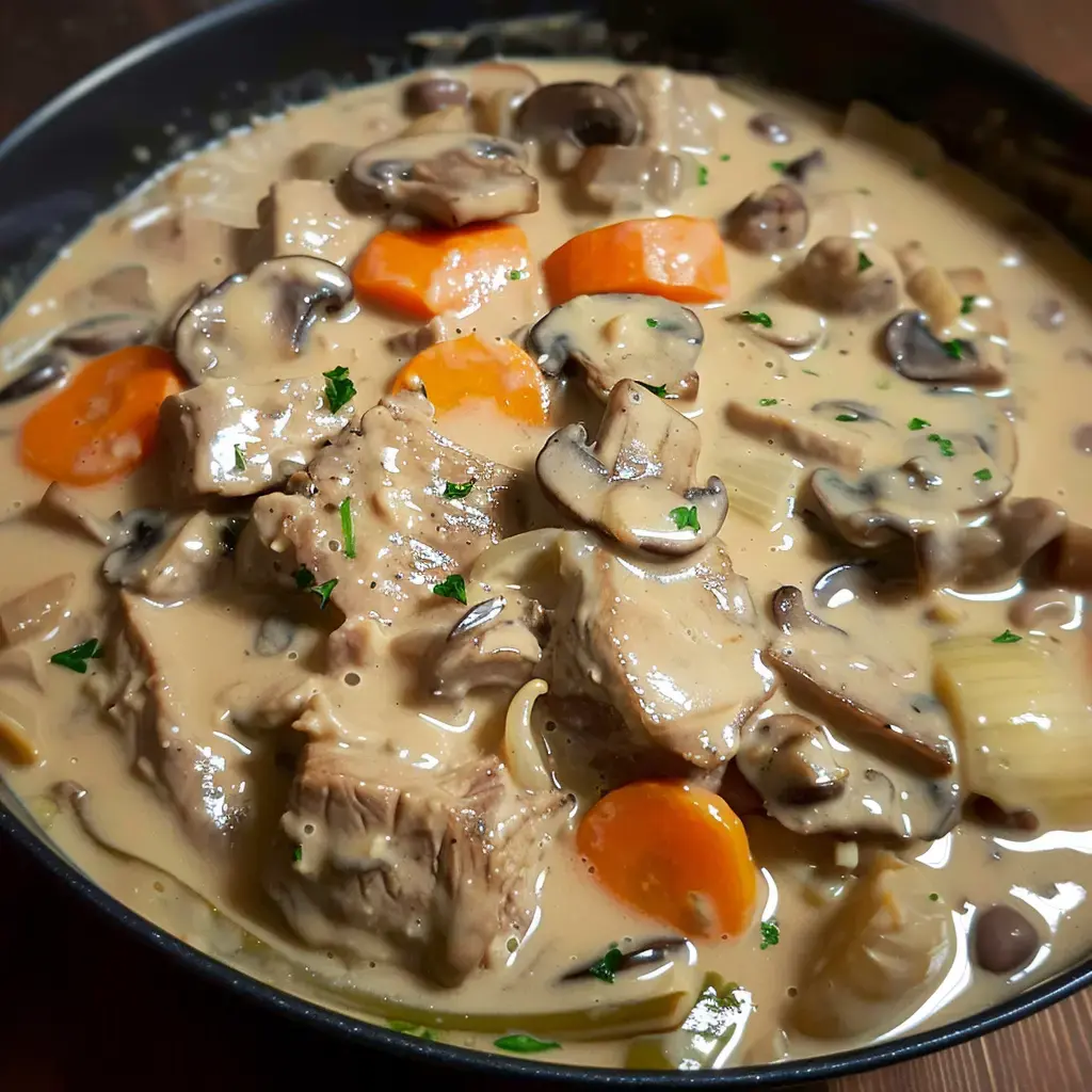 Un mijoté onctueux avec morceaux de viande et légumes comme champignons et carottes.