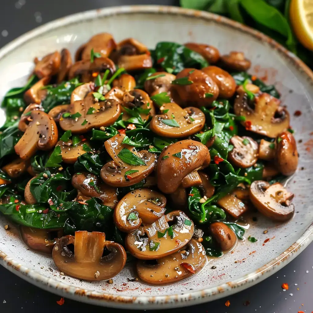 Une assiette de champignons dorés avec des feuilles vertes, parsemée de persil et d'assaisonnements.