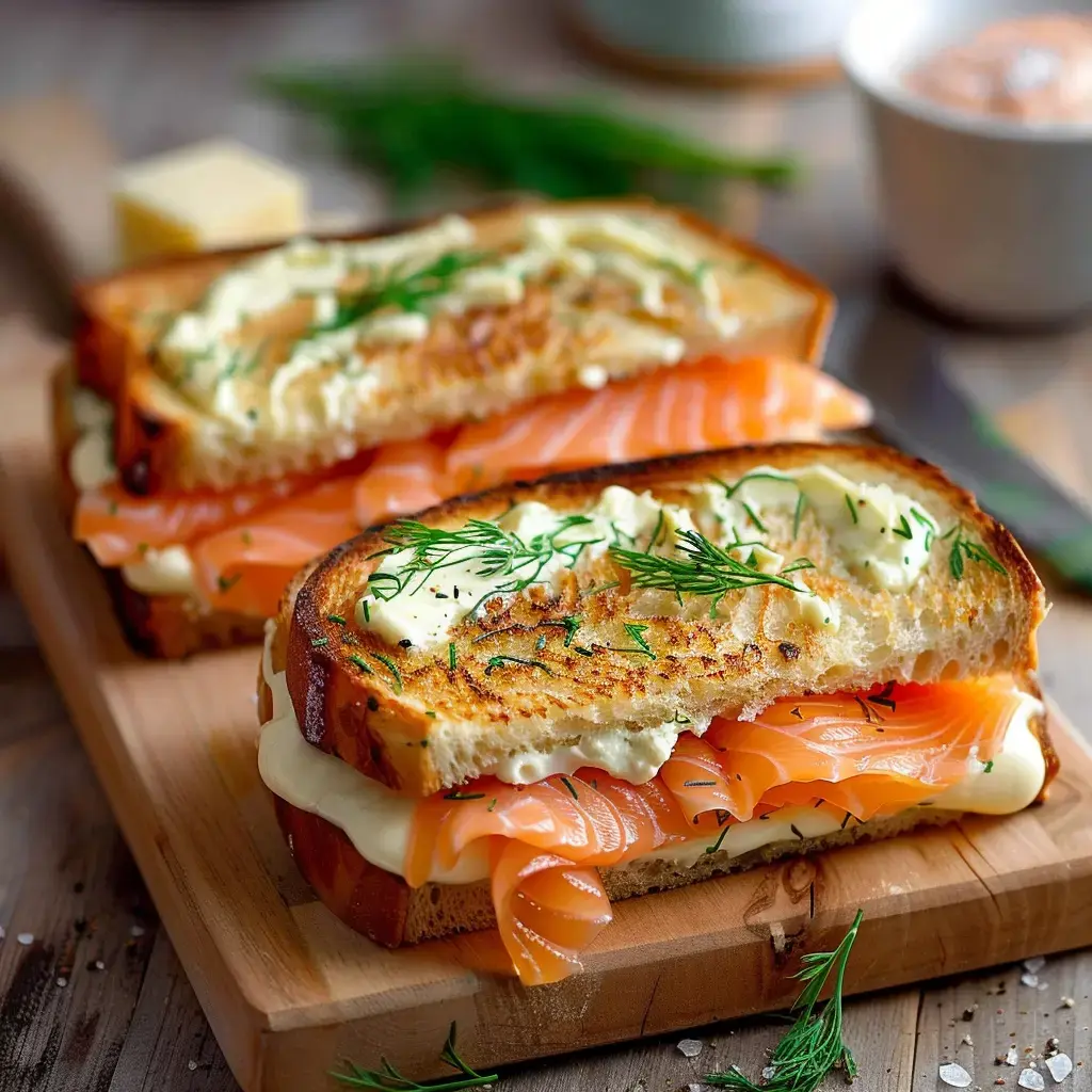 Deux croques dorés garnis de saumon fumé et crème, servis sur une planche en bois et décorés avec quelques brins d'aneth.
