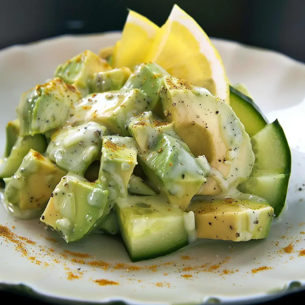 Salade fraîche avec avocat, concombre et sauce citronnée et épicée.
