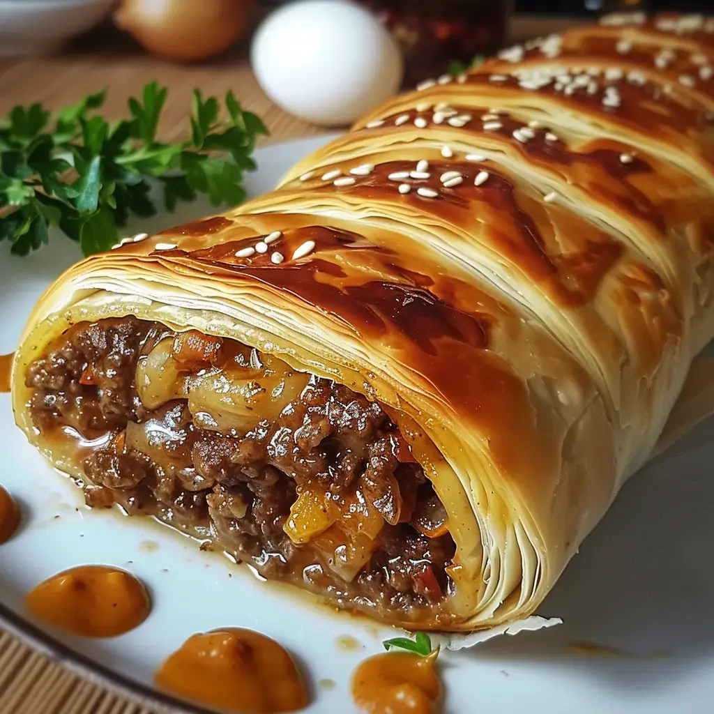 Pâte feuilletée dorée, farcie d'une savoureuse viande aux épices et fromage fondant, décorée avec des graines de sésame.