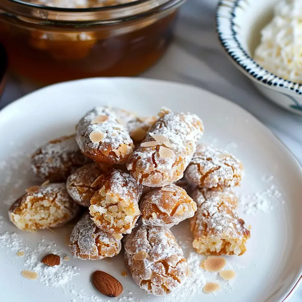 Assiette garnie de douceurs saupoudrées de sucre glace, entourée d'amandes et d'un pot de miel en arrière-plan.