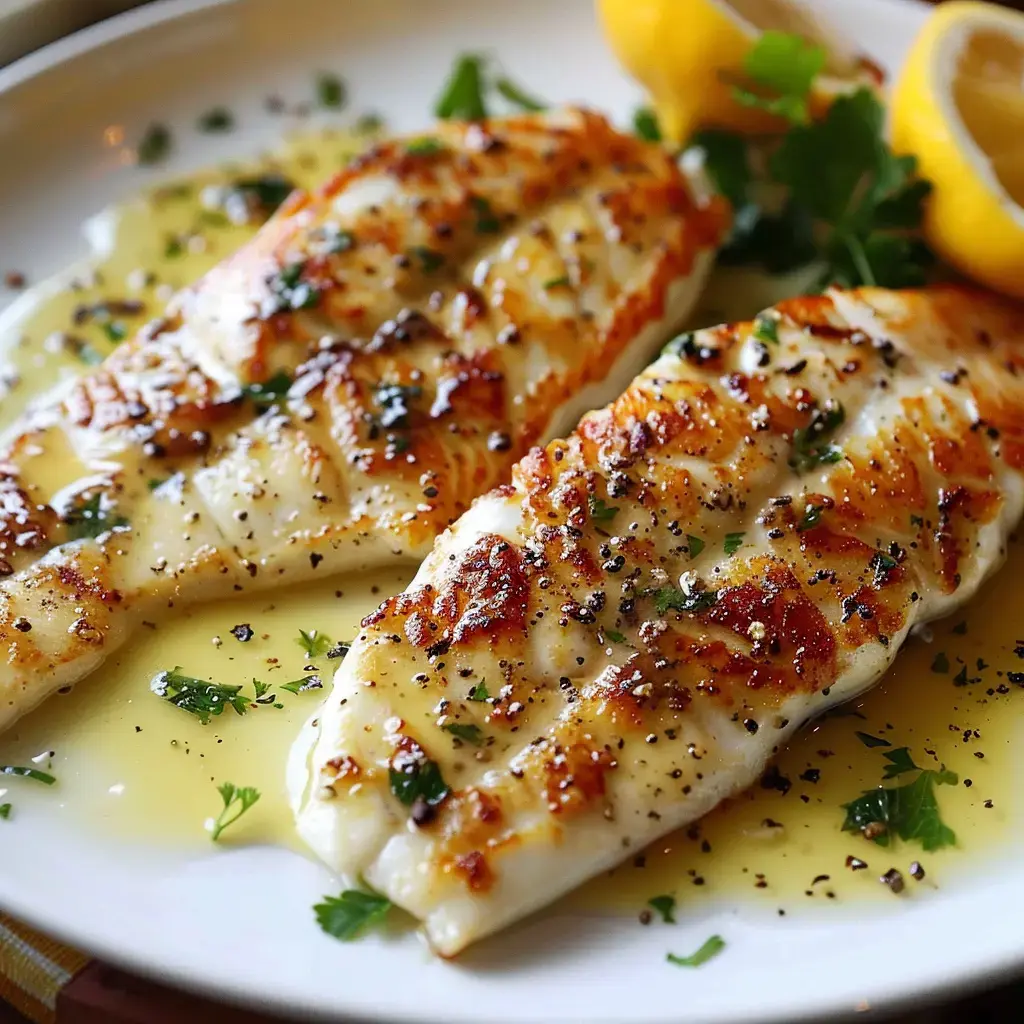 Filets de poisson dorés avec sauce beurre-citron, persil frais et quartiers de citron servis sur une assiette.