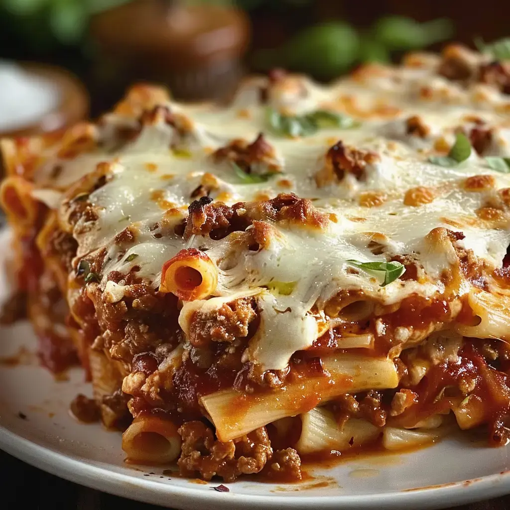 Une assiette généreuse de pâtes sauce tomate, viandes et gratinée au fromage.