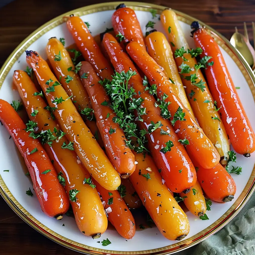 Carottes colorées et dorées au four, parsemées de persil, sur une belle assiette blanche.