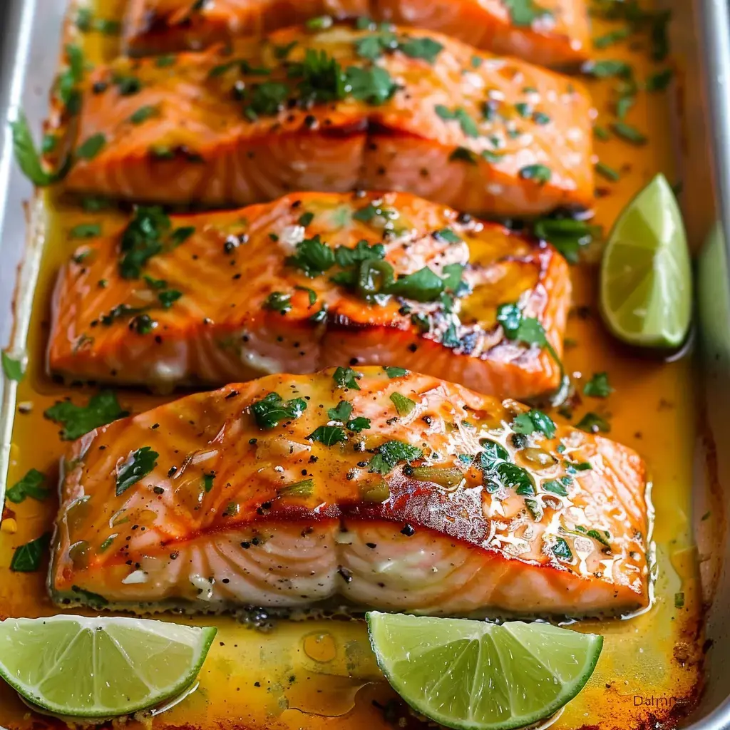 Saumon grillé garni de coriandre et servi avec des morceaux de citron vert.