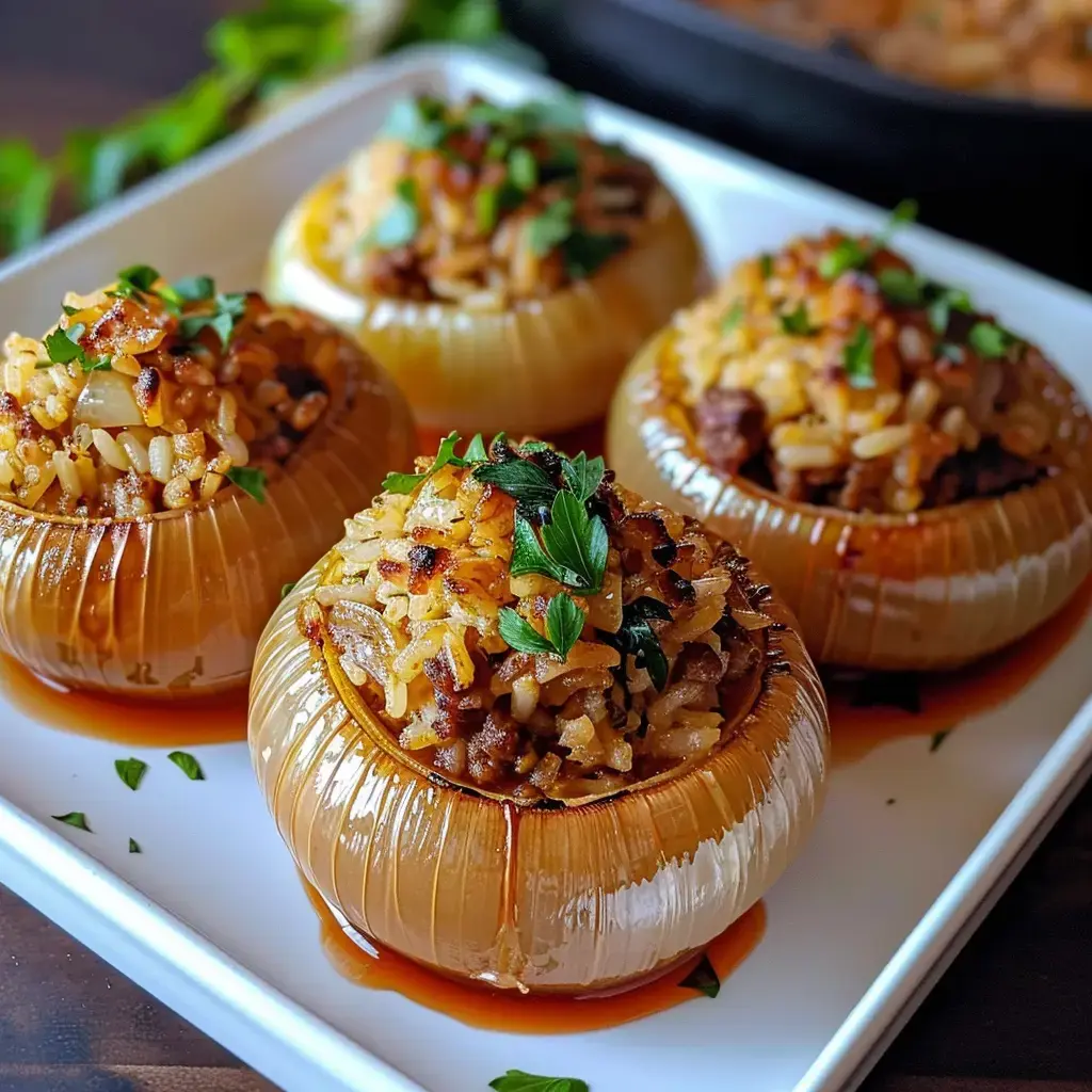Quatre oignons cuits farcis de riz et accompagnés de persil sur une assiette blanche.