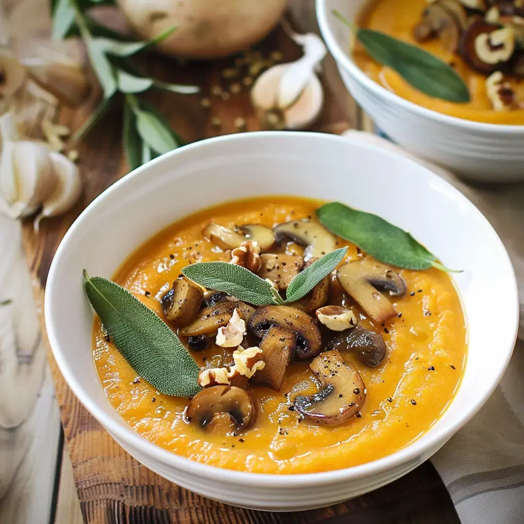 Un velouté orange servi avec des champignons sautés, des noix et de la sauge sur une planche en bois.