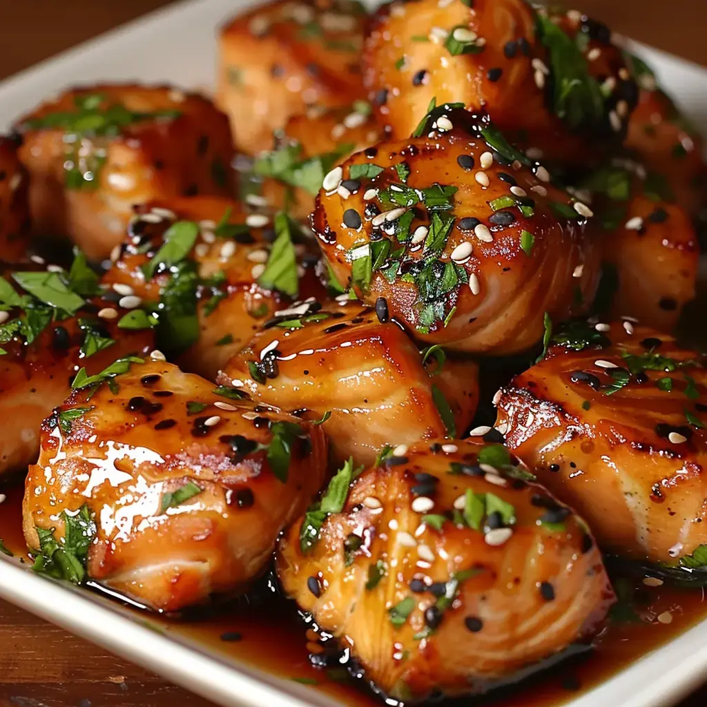 Saumon nappé d'une belle sauce dorée, orné de graines de sésame et d'herbes fraîches.