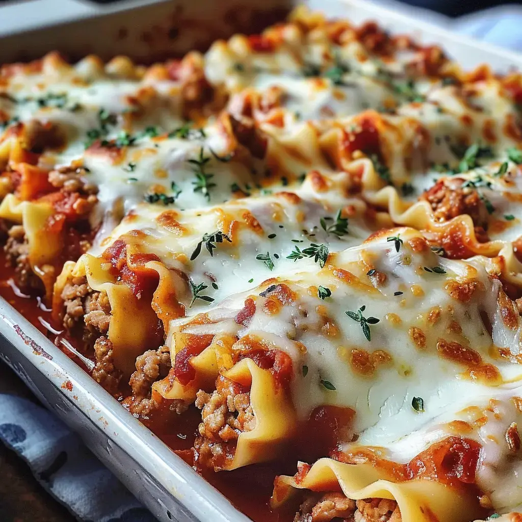 Lasagnes enroulées avec viande hachée et fromage, gratinées au four et garnies de thym frais.