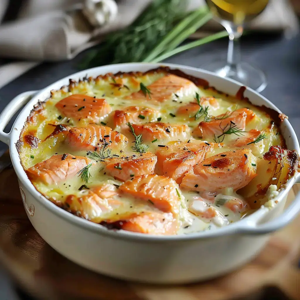Un gratin chaud de saumon, purée crémeuse et croûte dorée dans un plat.