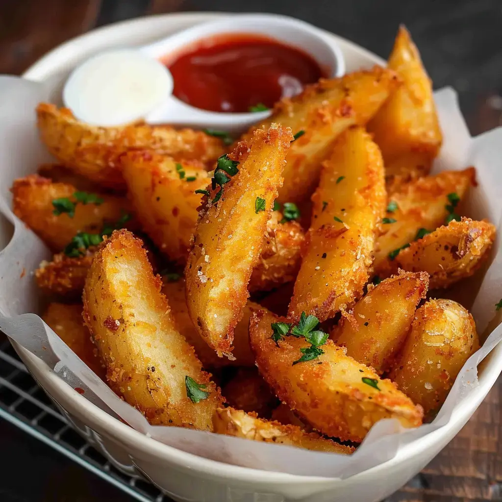 Pommes de terre croustillantes garnies de persil, servies avec du ketchup et une sauce crémeuse.