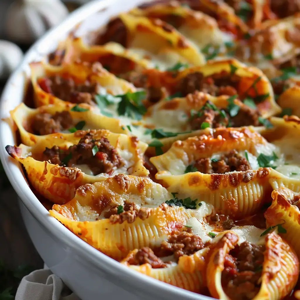 Un plat appétissant de pâtes garnies au bœuf et gratinées, accompagné de persil frais.