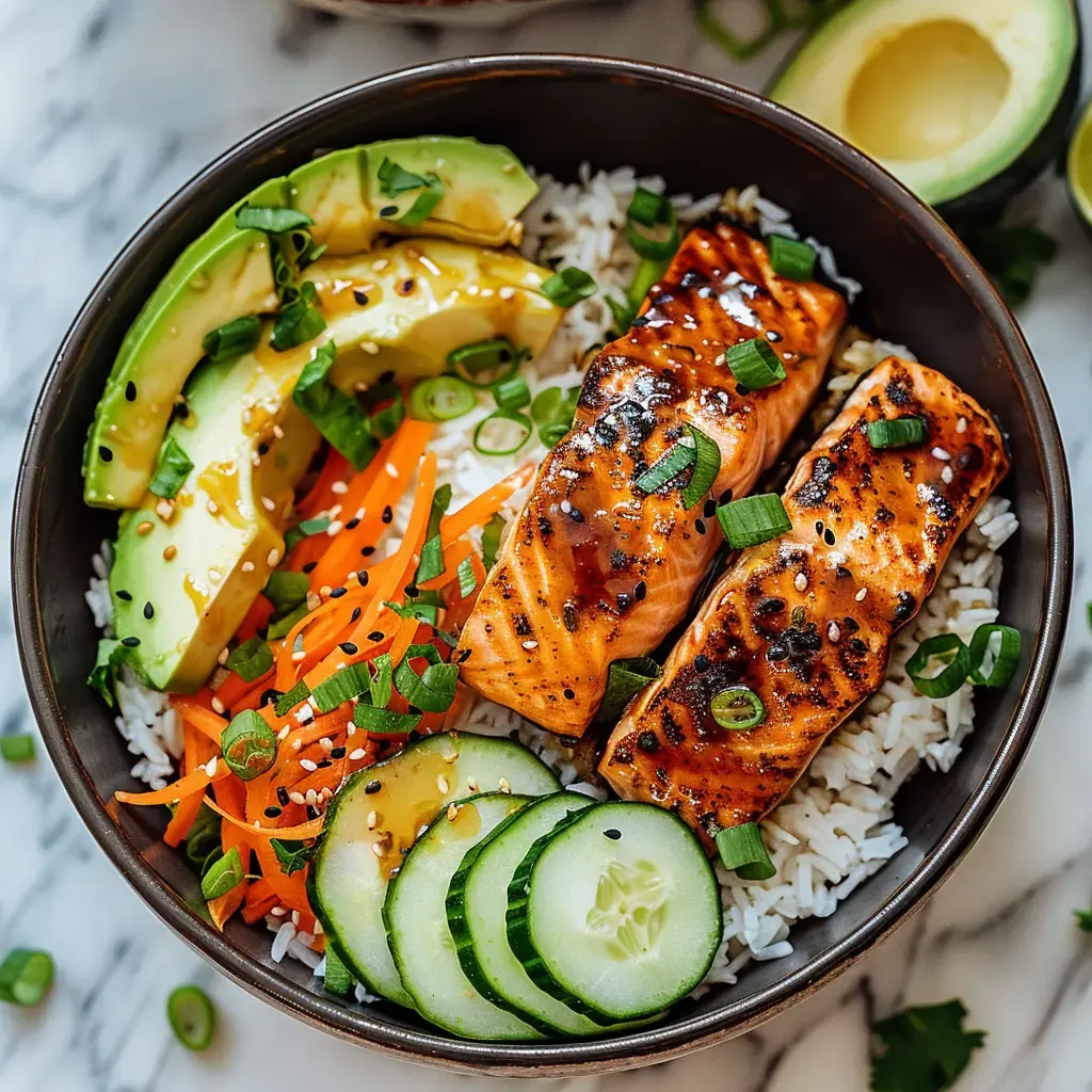 Bol garni de riz moelleux, saumon mariné, légumes frais, et oignons verts.