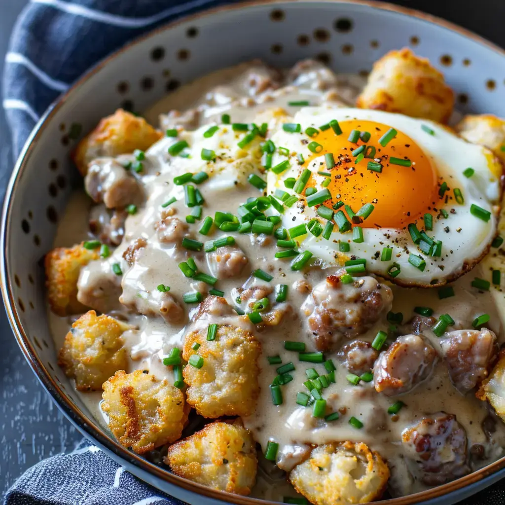 Bol de pommes de terre dorées, sauce crémeuse et œuf au plat parsemés de ciboulette.