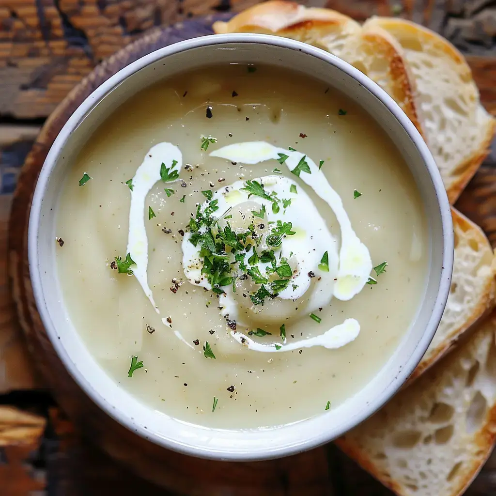Un délicieux velouté parsemé de persil et accompagné de pain tranché.