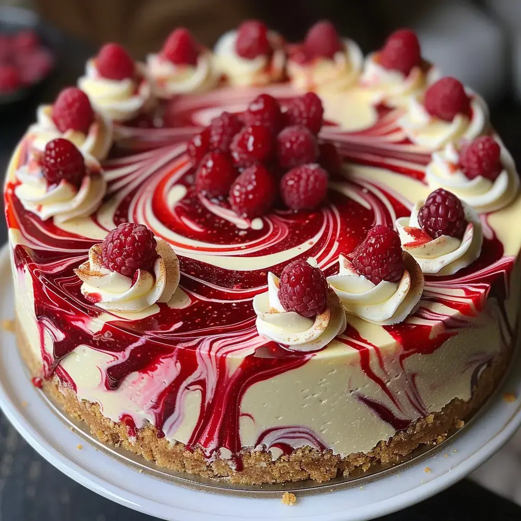 Gâteau décoré avec framboises et coulis rouge sur une base biscuitée.