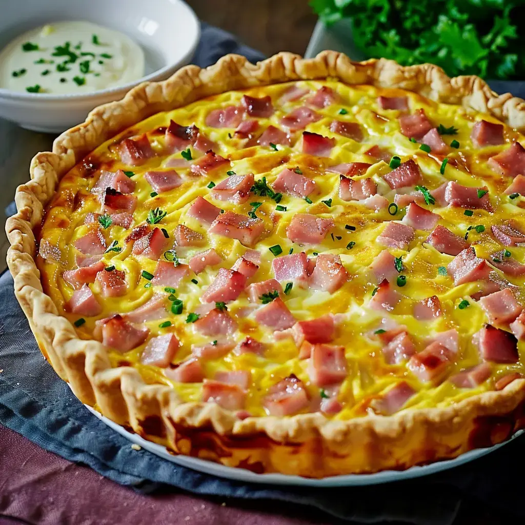 Quiche dorée avec du jambon et du fromage, entourée de salade et accompagnée d'une sauce blanche.