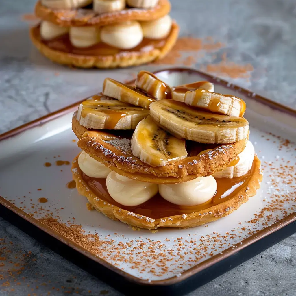 Un dessert généreux avec bananes, caramel, biscuits et crème, joliment présenté sur une assiette.