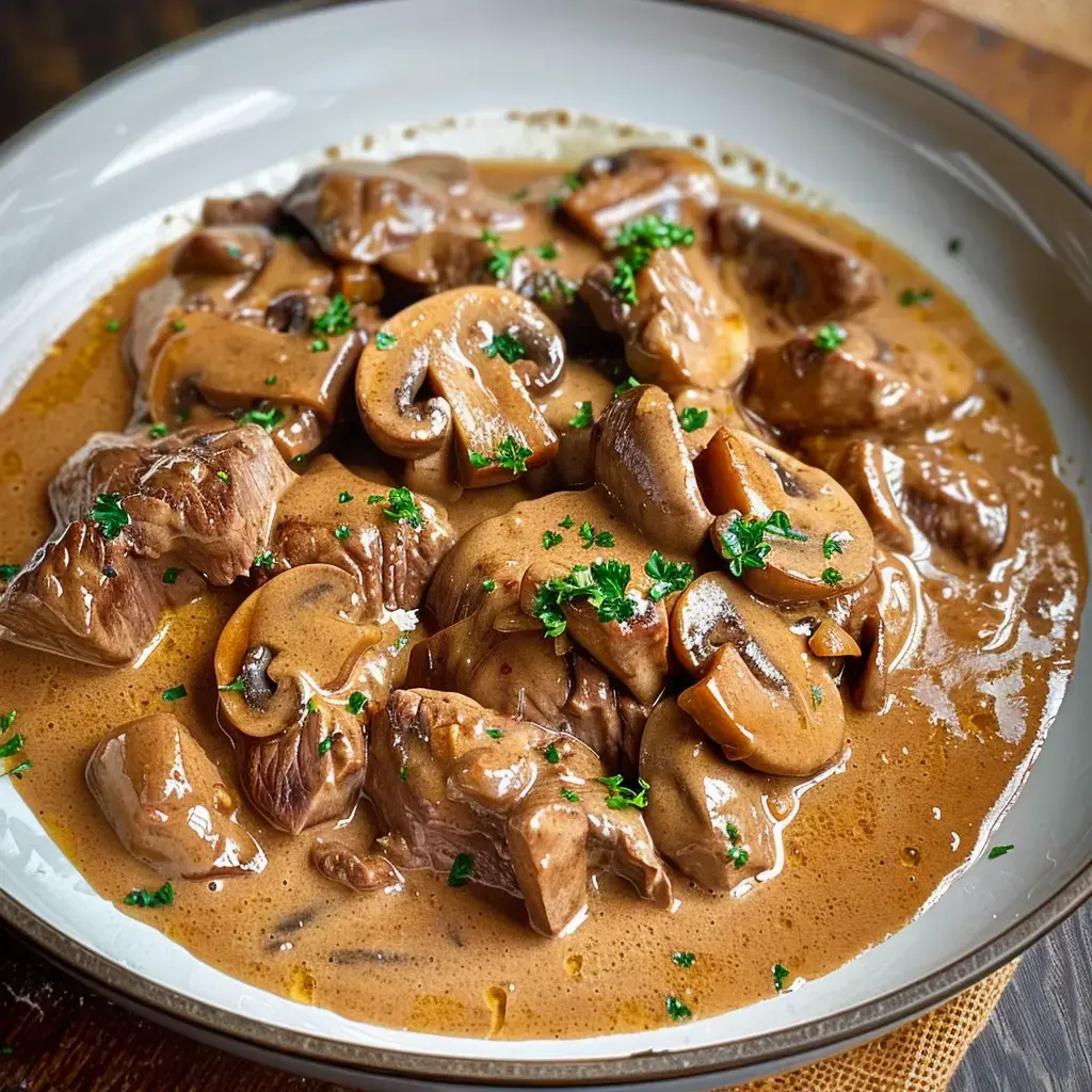 Une assiette composée de bœuf tendre, nappée de sauce soyeuse aux champignons et garnie de persil.