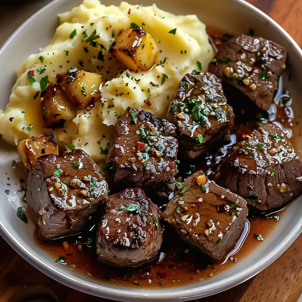 Des morceaux tendres de bœuf et une purée onctueuse, avec des pommes dorées. Ça donne envie.