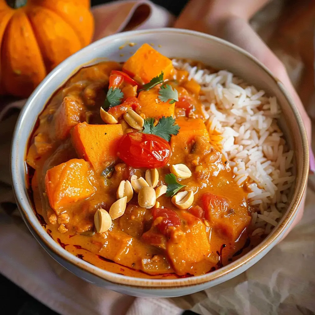 Bol de riz avec curry de potimarron, tomates cerises, coriandre, et cacahuètes à côté d'une citrouille.