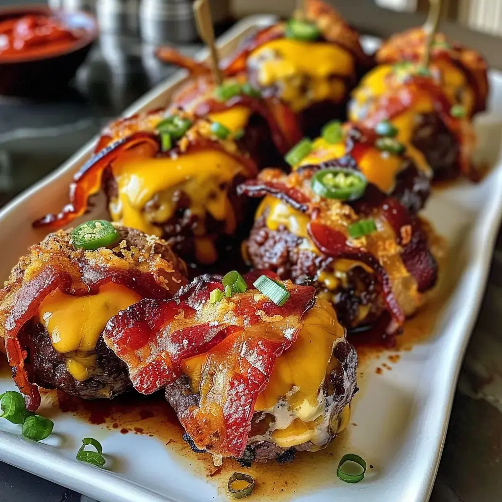 Plateau de boulettes de bœuf garnies de cheddar fondant et enrobées de bacon doré, accompagnées de légumes frais.