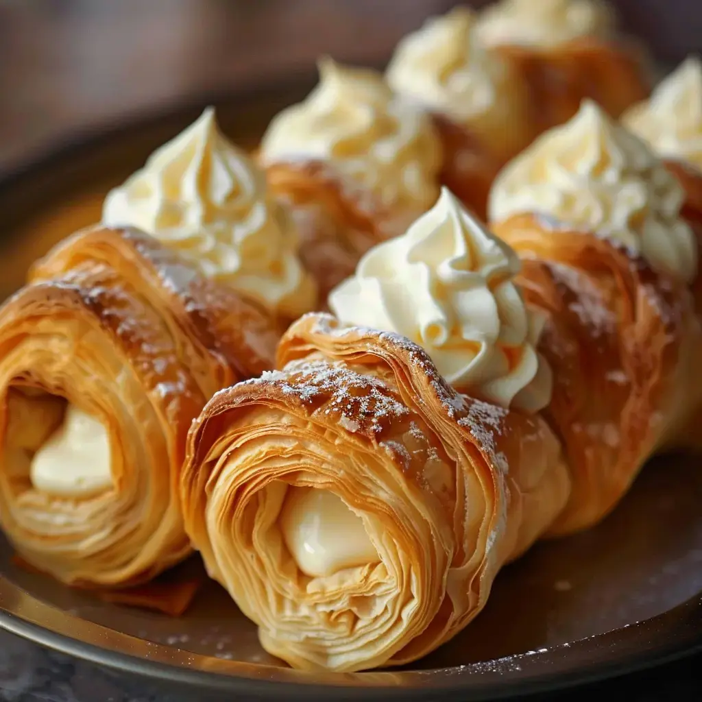 De délicieux cornets feuilletés farcis de crème légère, décorés de chantilly et saupoudrés de sucre glace.