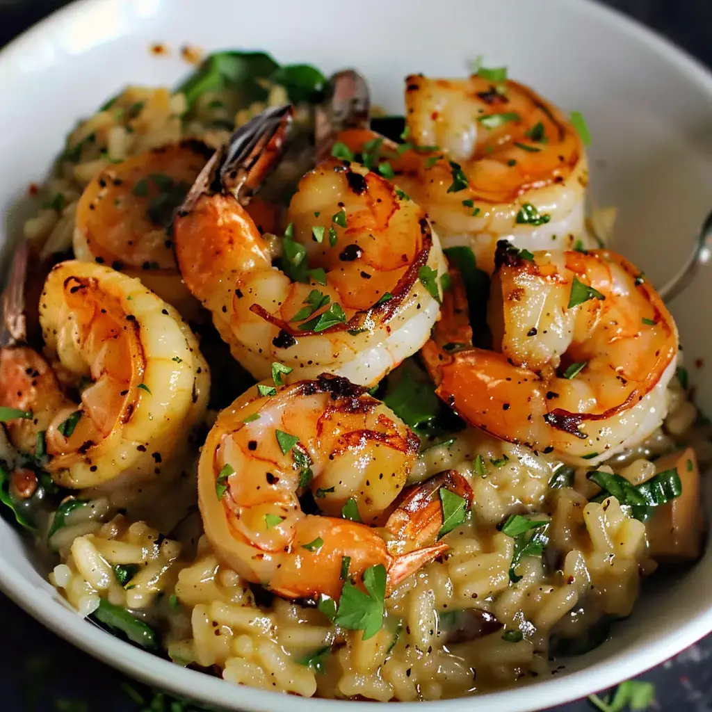 Marsala risotto avec crevettes, herbes fraîches et morceaux grillés.