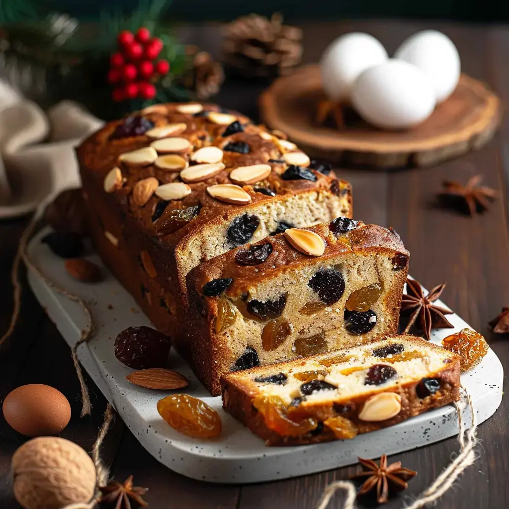 Un pain aux fruits secs et aux épices, joliment décoré avec des amandes, à côté de divers ingrédients.