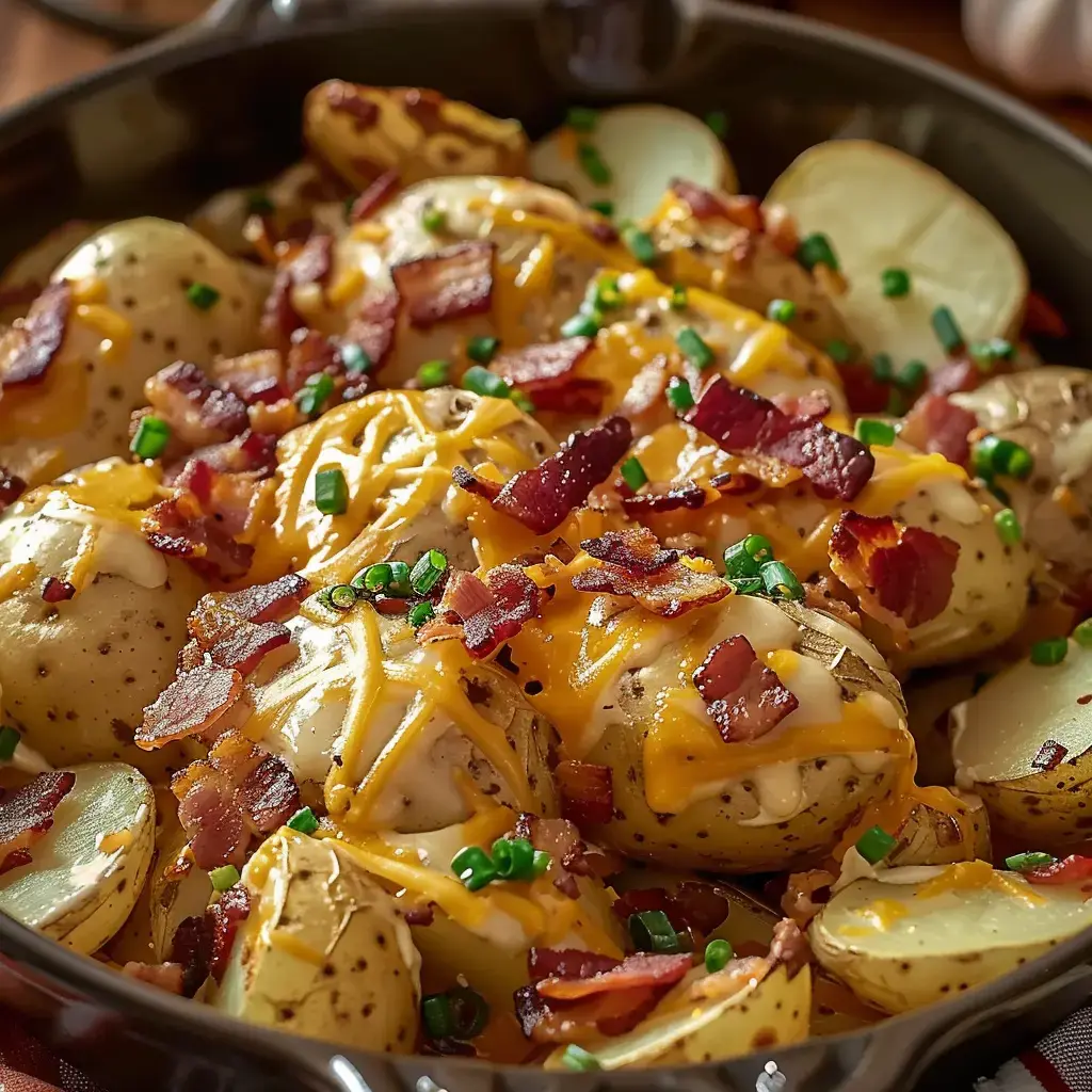 Pommes de terre recouvertes de fromage, bacon et un peu de ciboulette.
