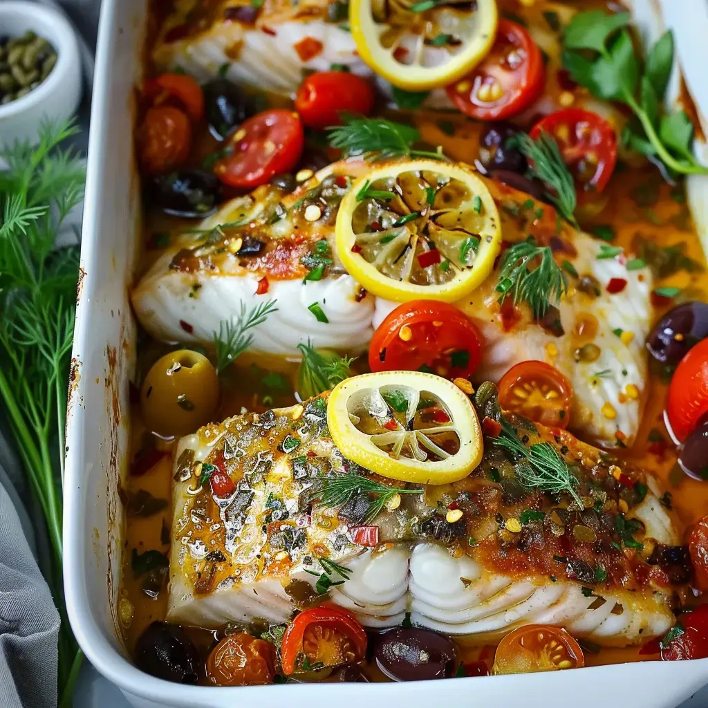 Filets de poisson disposés avec des olives, tomates cerises, citron et herbes dans un plat de cuisson.